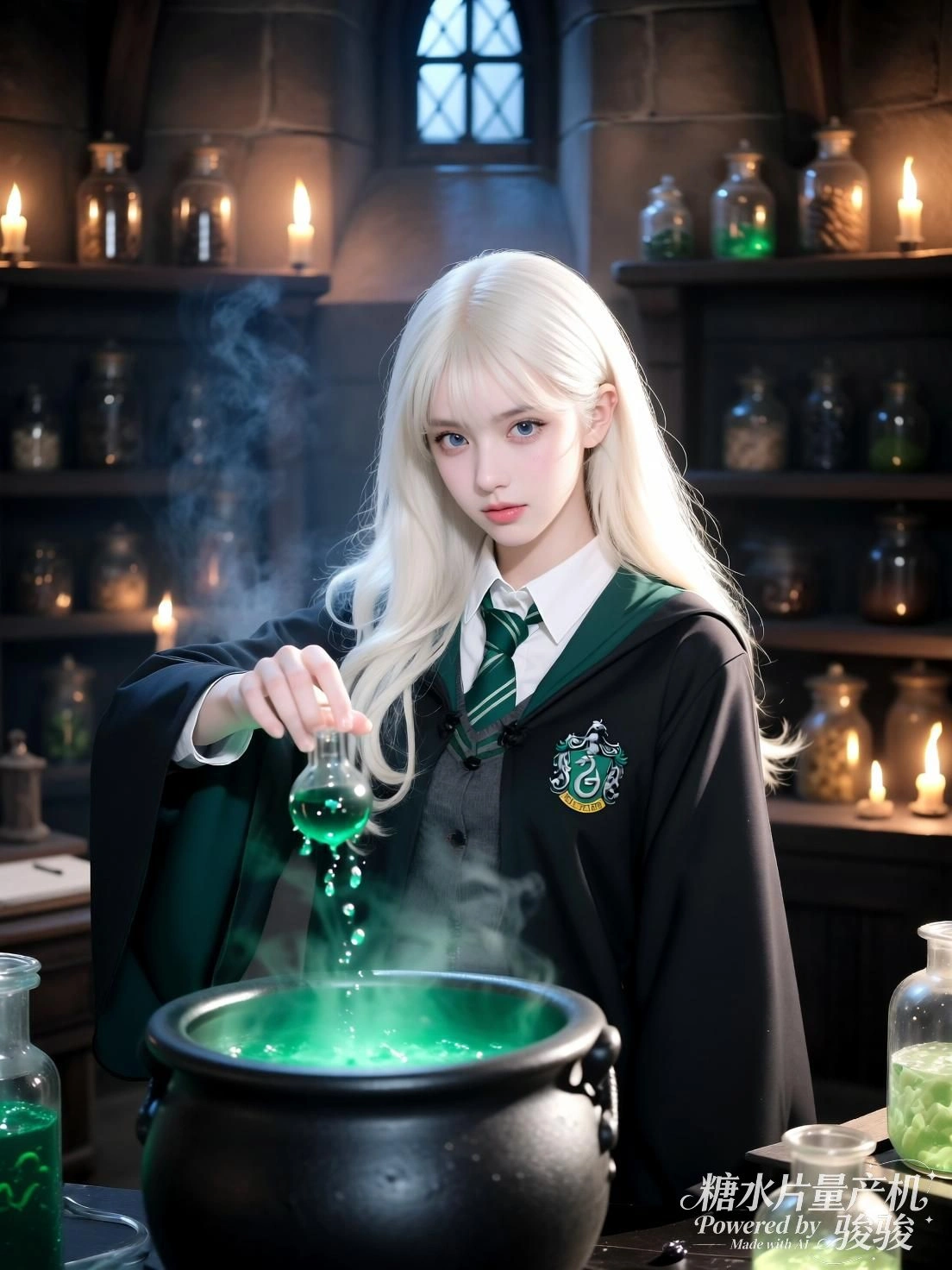 她倾注绿液，烟雾升腾，烛光映照着专注与未知的边界