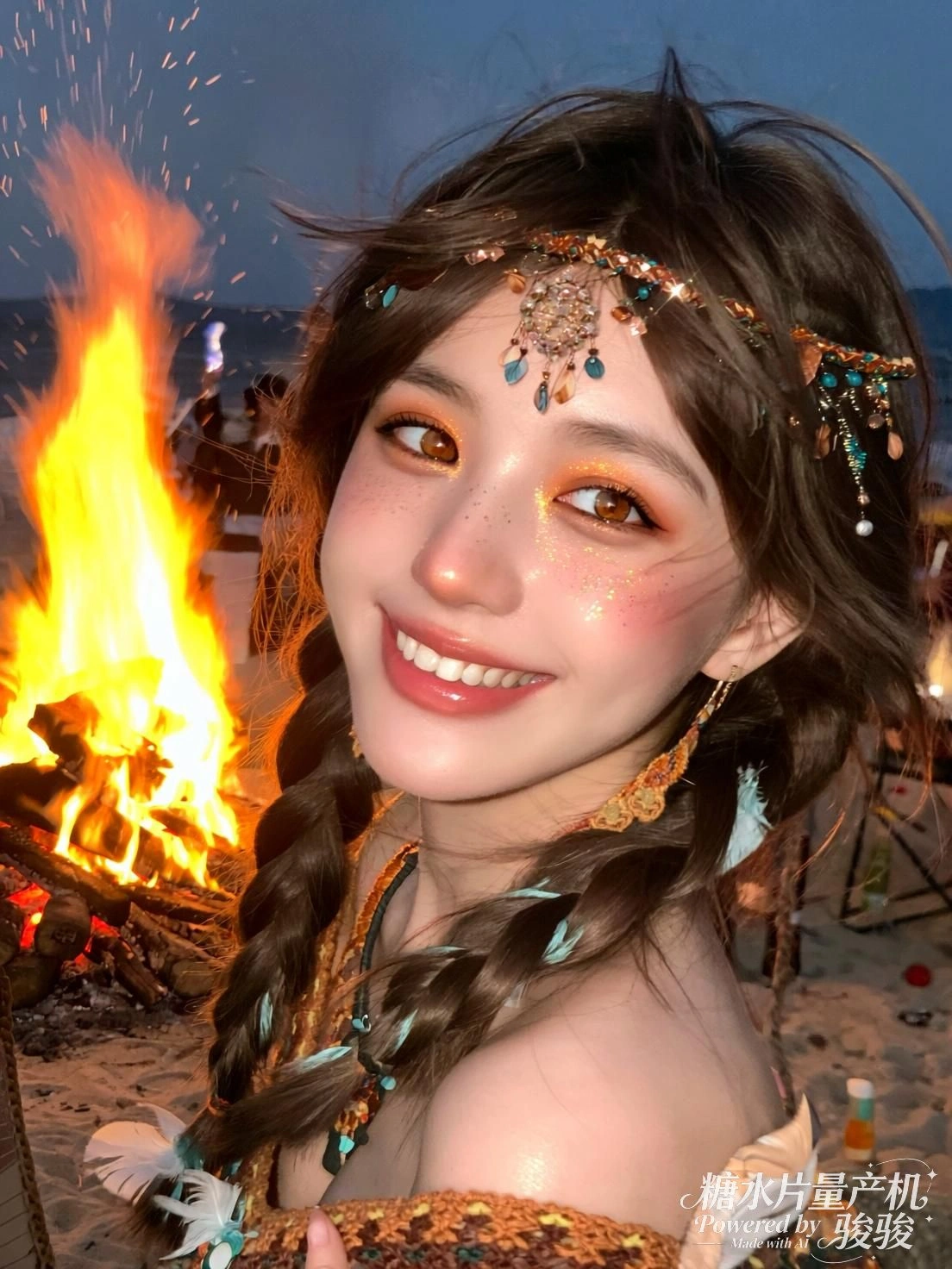 她笑对篝火，火焰跃动，夜色在眼波中燃烧成光