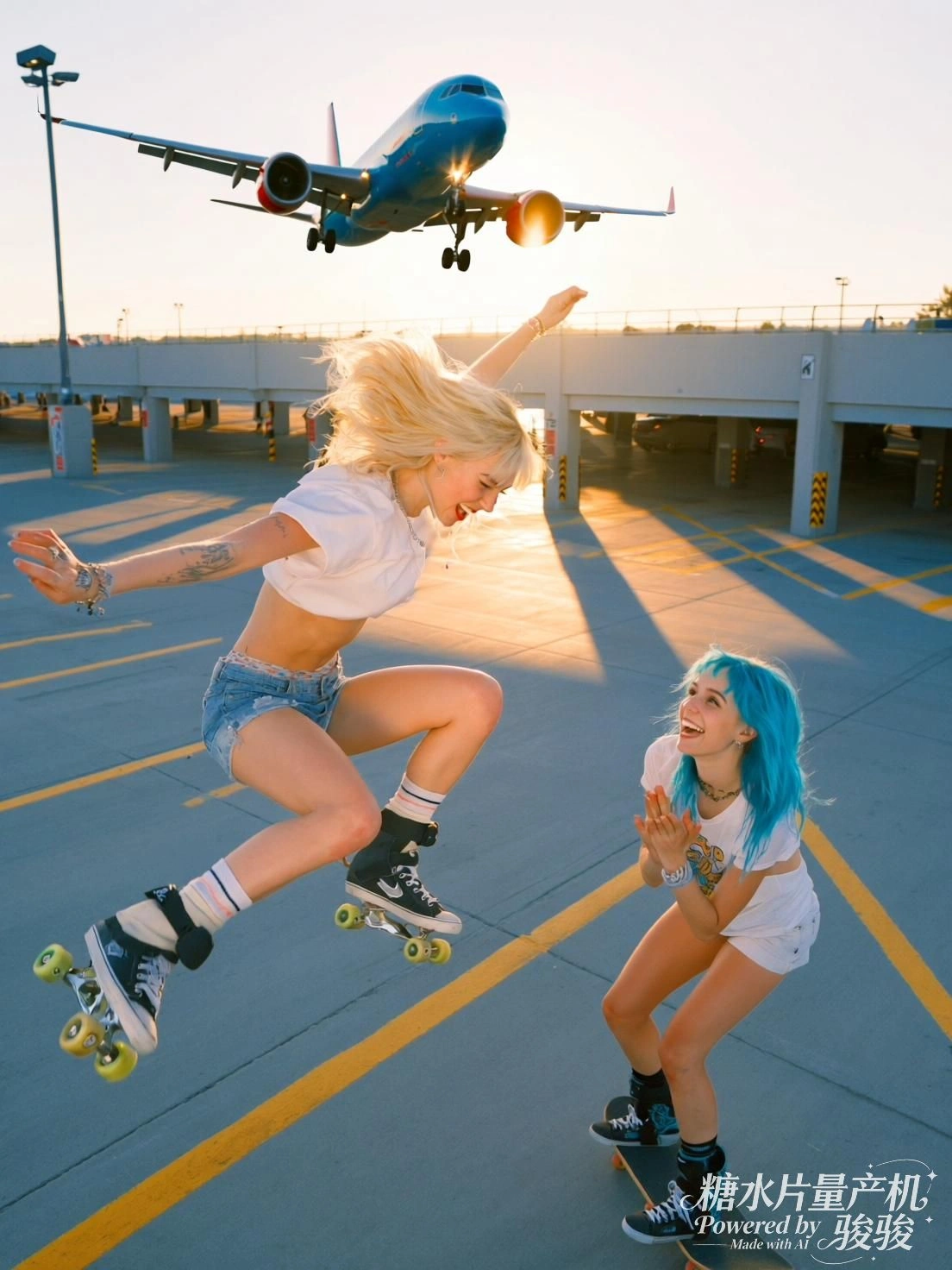 她跃于滑轮之上，飞机掠过天际，瞬间与远方在光影中交汇