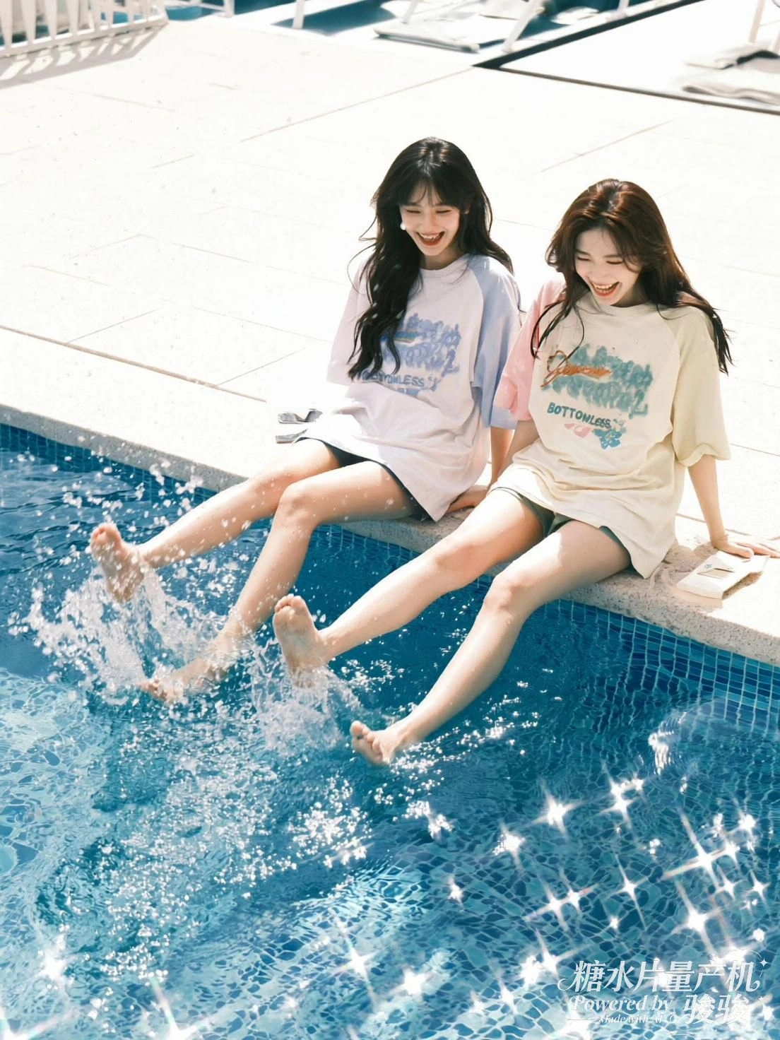 她坐于粉沙，群鸟环绕，笑容如光穿透梦幻的边界