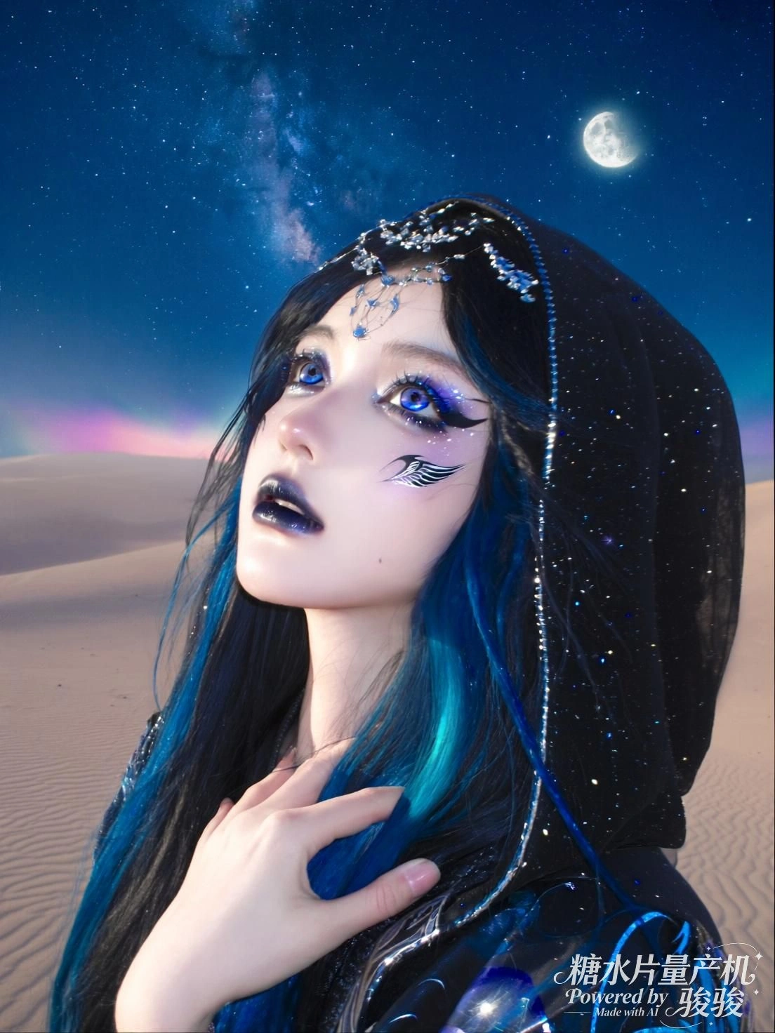 她坐于粉沙，群鸟环绕，笑容如光穿透梦幻的边界