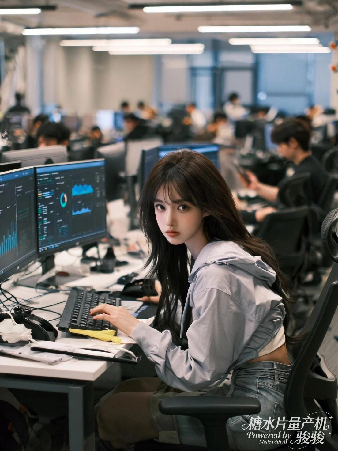她凝视屏幕，数据如潮，目光在秩序中寻觅未被定义的瞬间