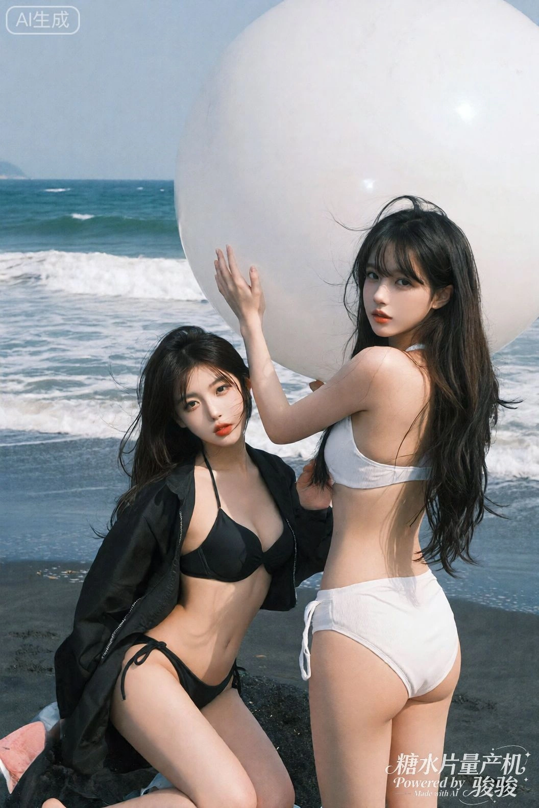她们立于浪前，白球悬空，阳光在皮肤与海之间流动