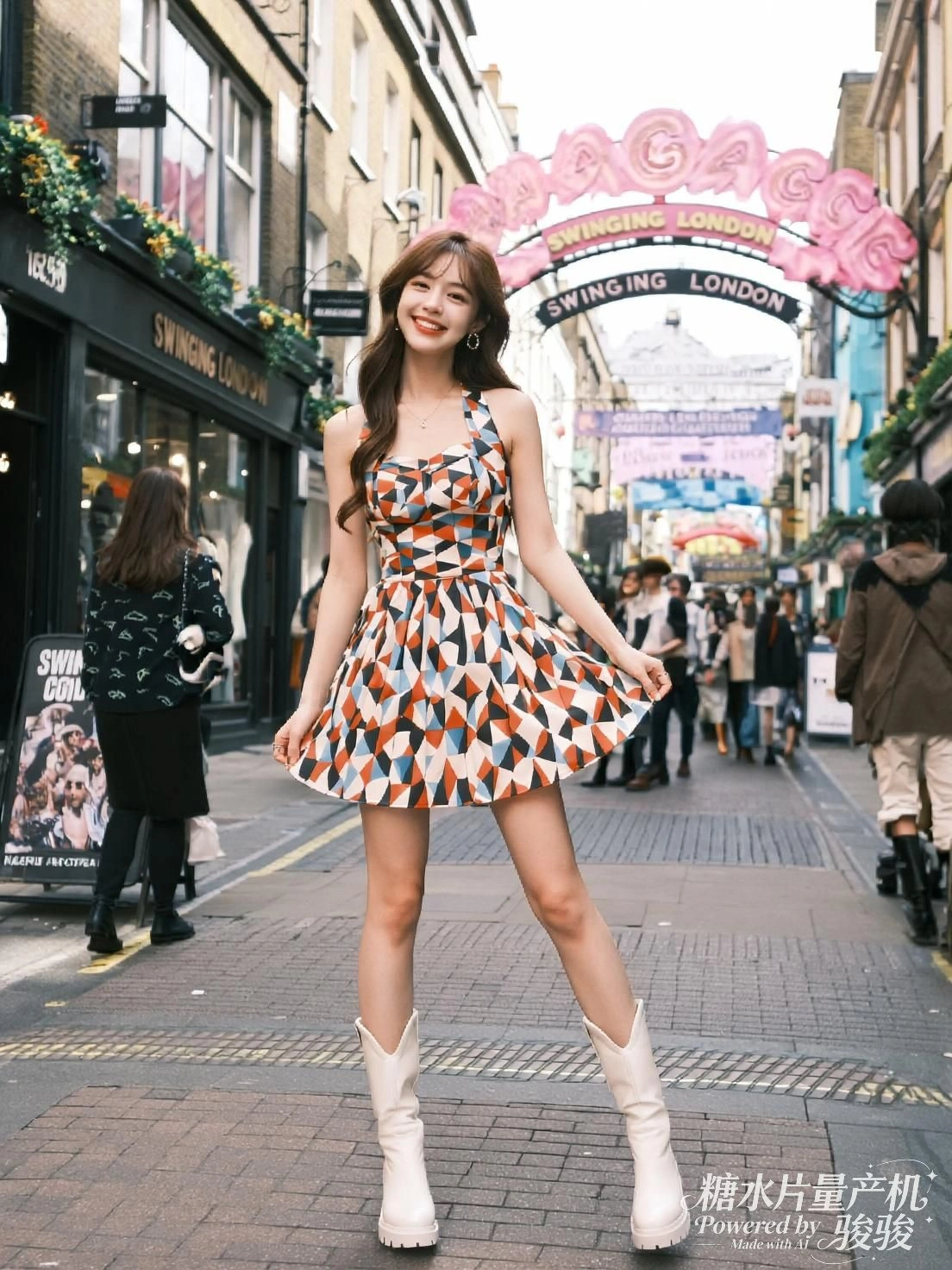 她立于钢梁之上，城市在脚下闪烁，舞姿悬于虚实之间