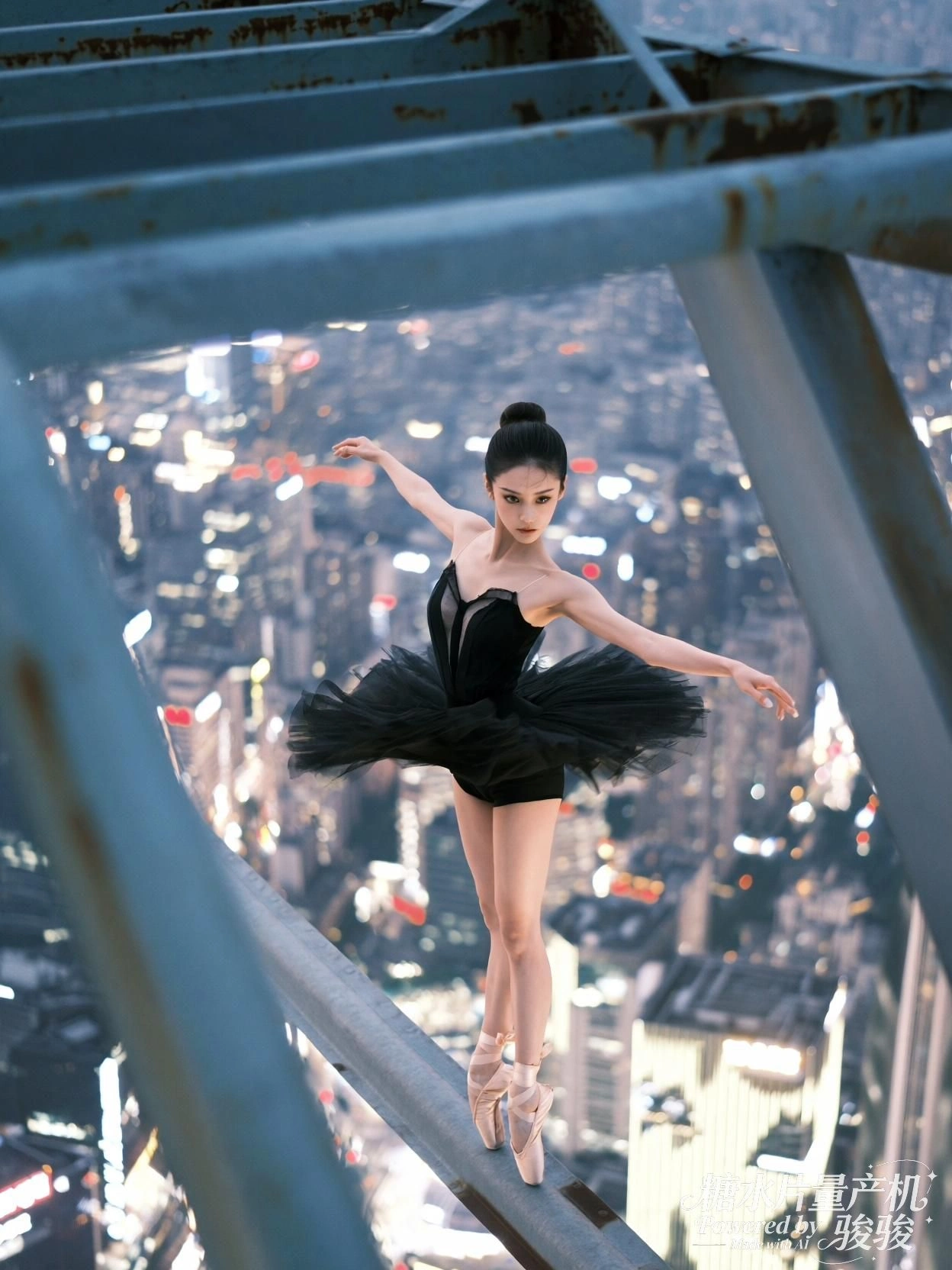 她立于钢梁之上，城市在脚下闪烁，舞姿悬于虚实之间