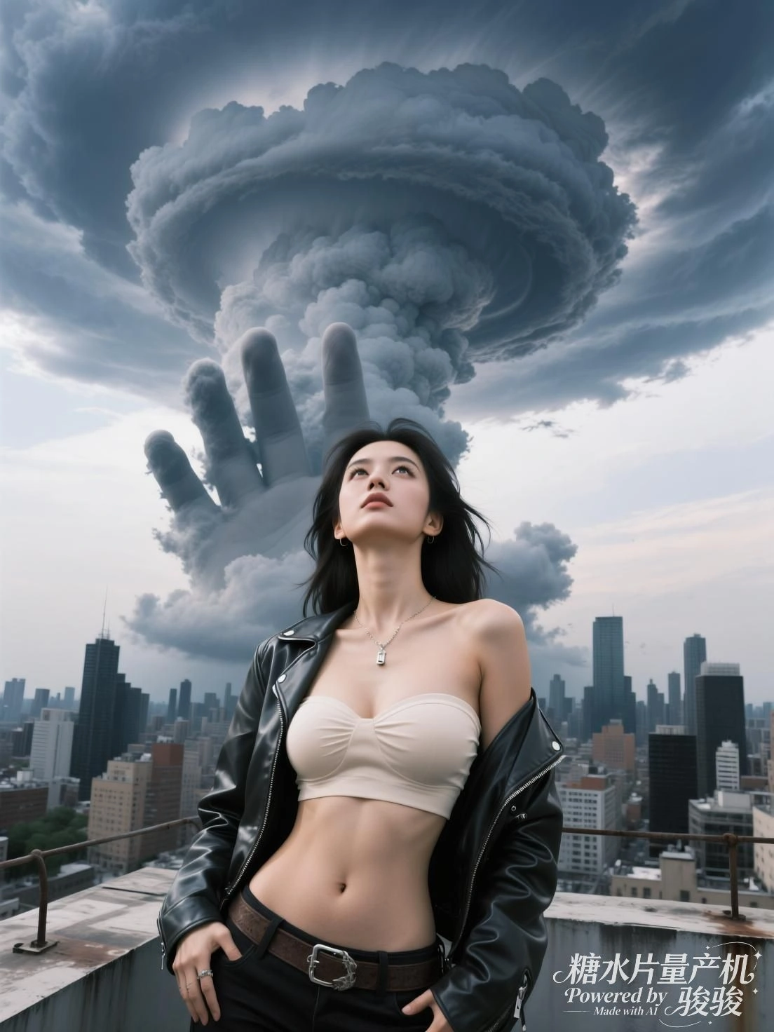 她仰望天穹，巨掌压云而来，静默中凝视命运的重量