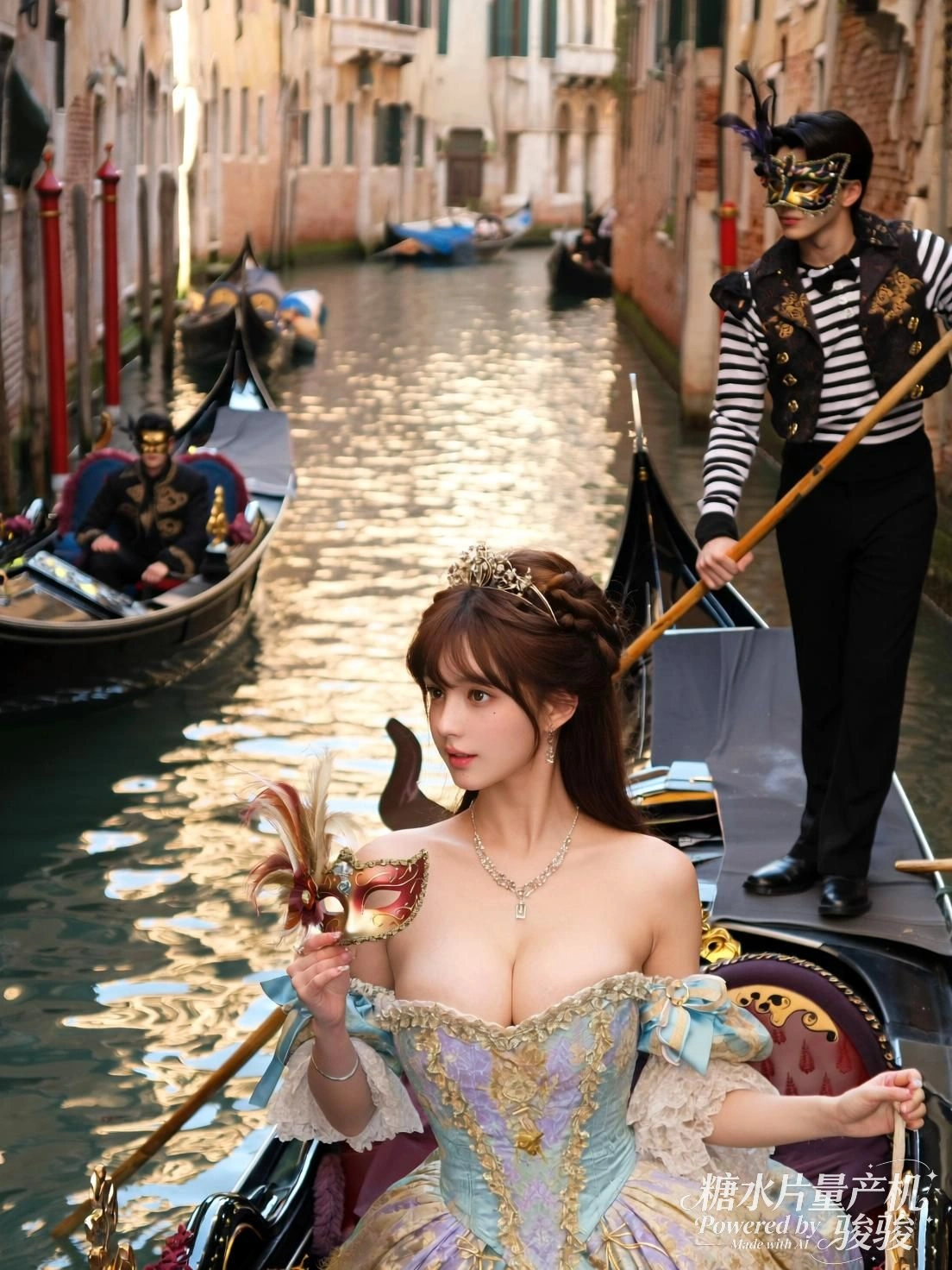 她手持面具，水波映金光，时光在窄巷中缓缓流淌