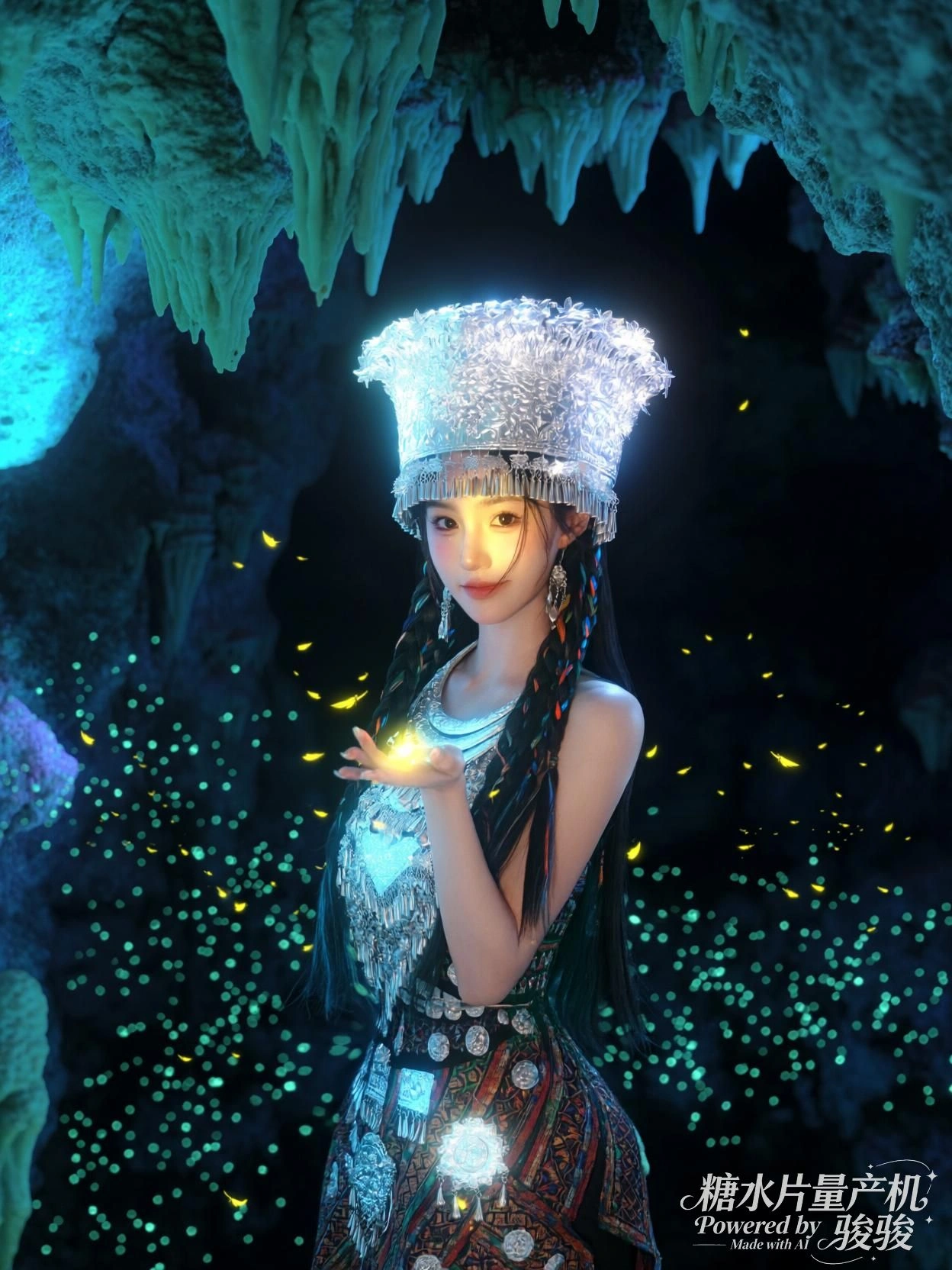 她掌心微光，萤火环绕，洞穴深处藏着未被言说的宁静