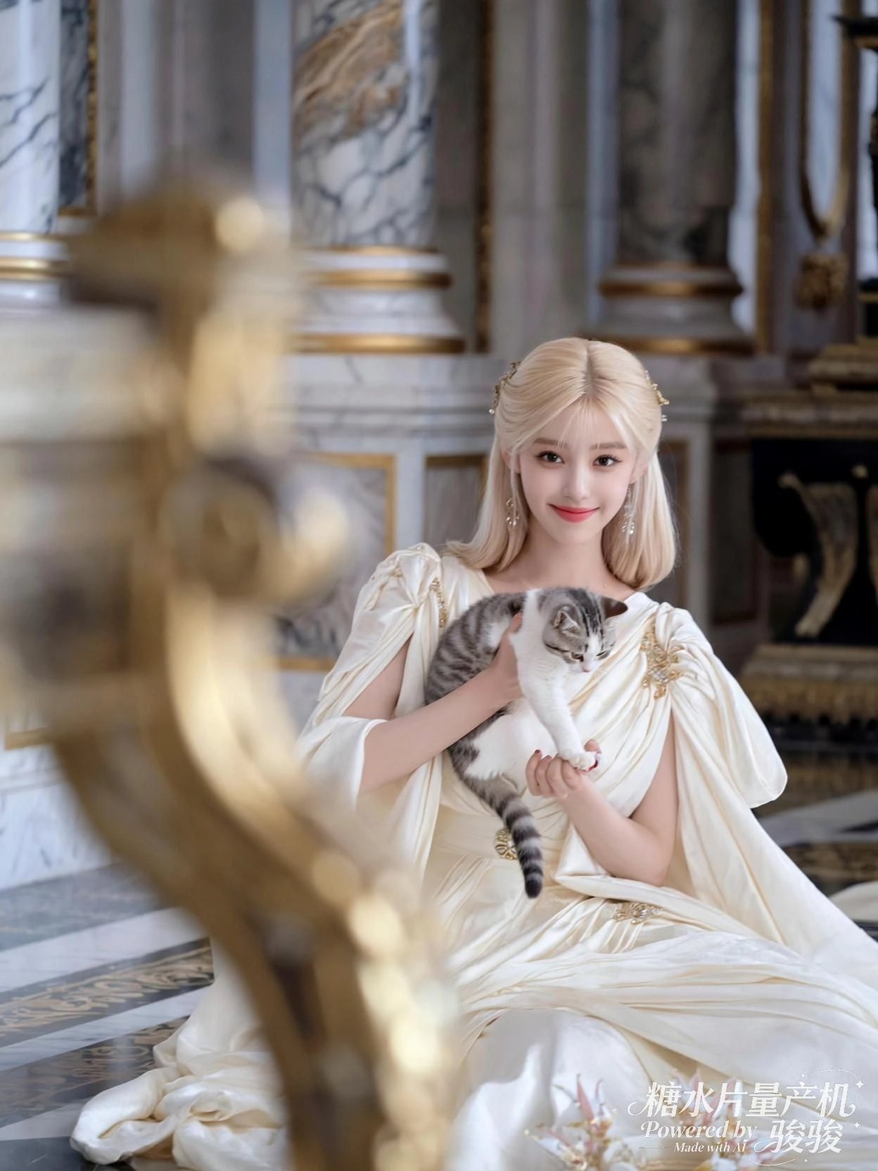 她立于废墟之间，野性与残垣共生，幼豹随行，自然悄然重归