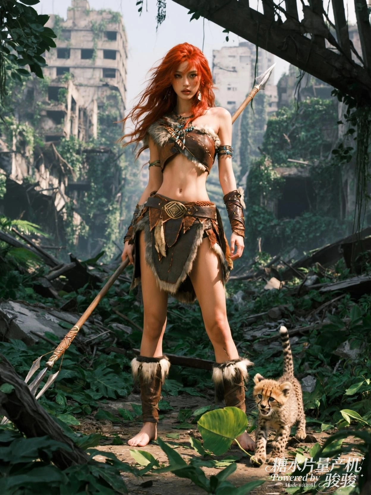 她立于废墟之间，野性与残垣共生，幼豹随行，自然悄然重归