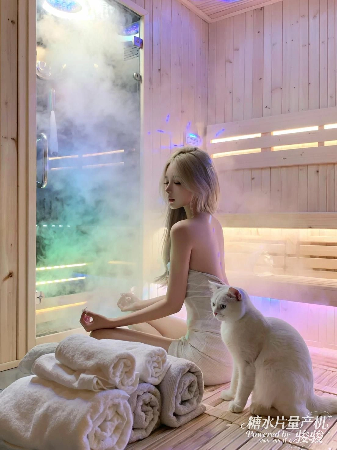 她跪于光中，剑横地，彩窗将神圣投射成尘世的影