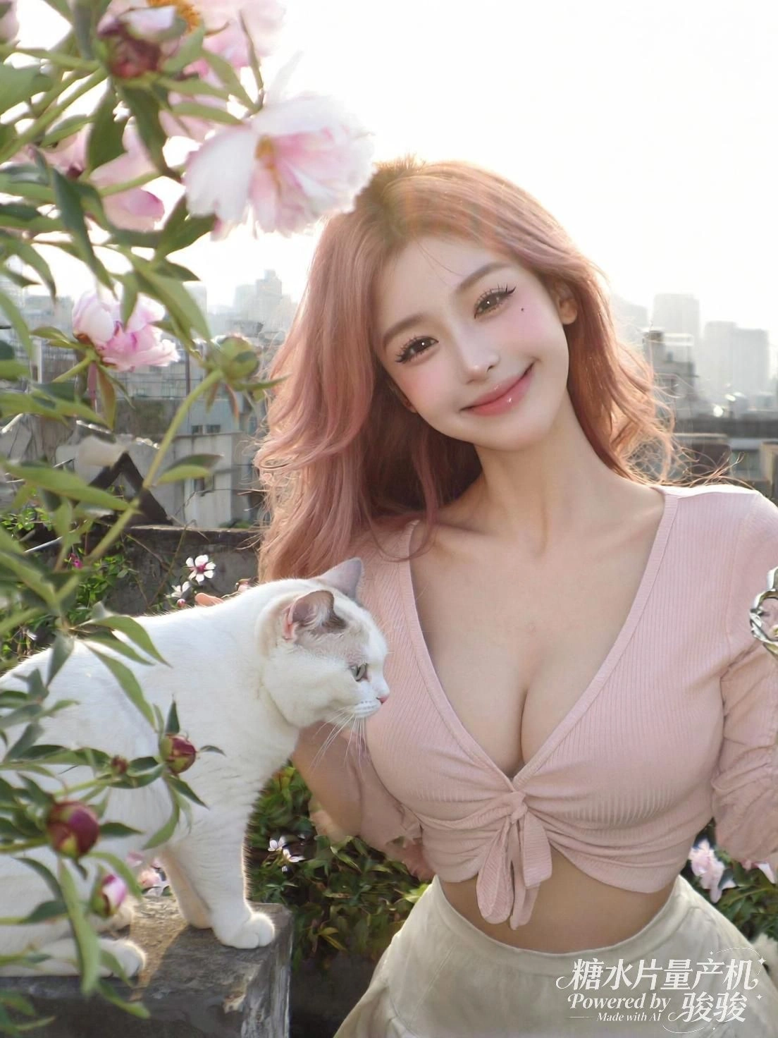 她坐于花墙之下，阳光轻抚裙摆，万物在静默中生长