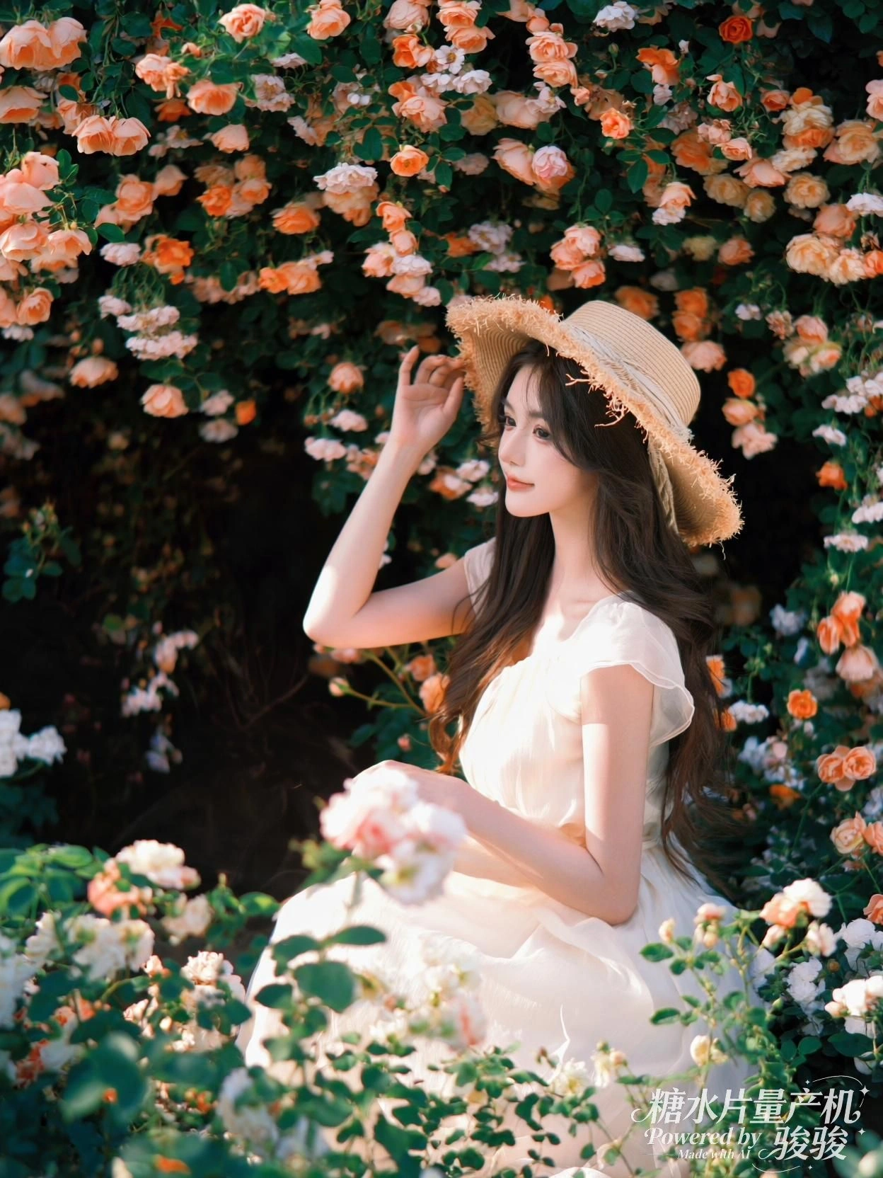 她坐于花墙之下，阳光轻抚裙摆，万物在静默中生长