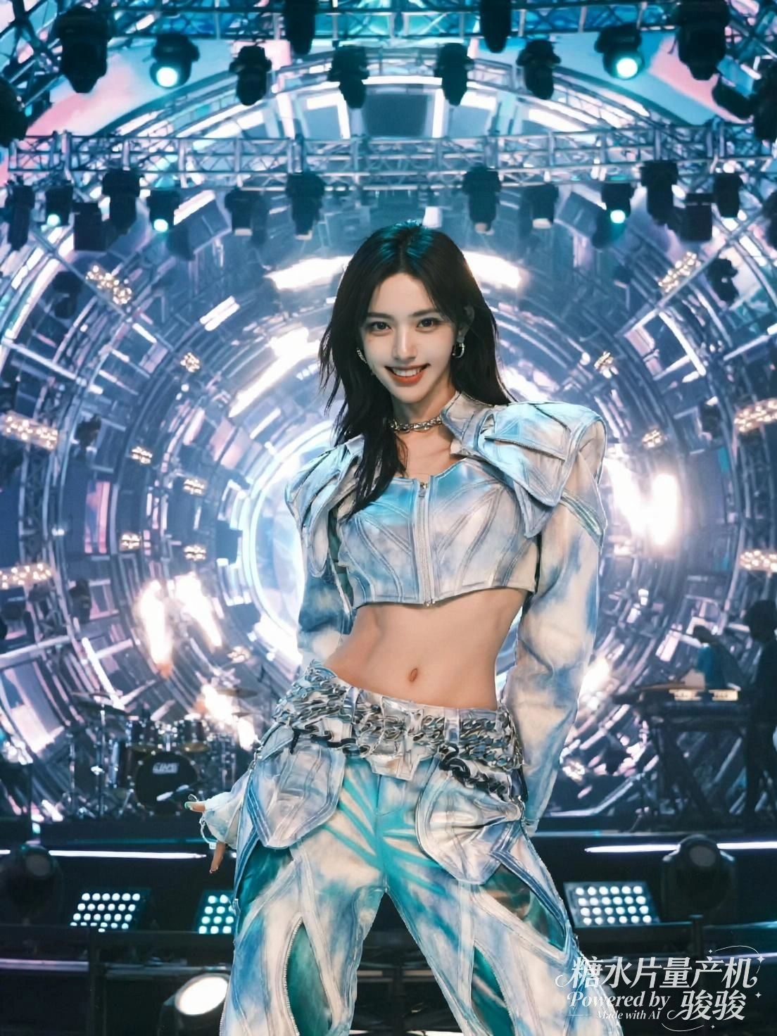 她倚在机车旁，冷光映照金属与肌肤，静止中藏着疾驰的魂