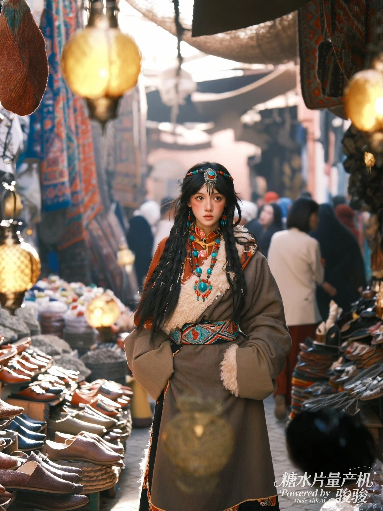 她穿行于市集，彩灯悬垂，喧嚣中独守一方沉静