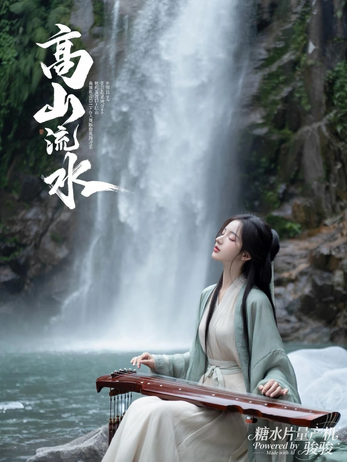 她抚琴于瀑前，水声如诉，一曲未终，天地已静