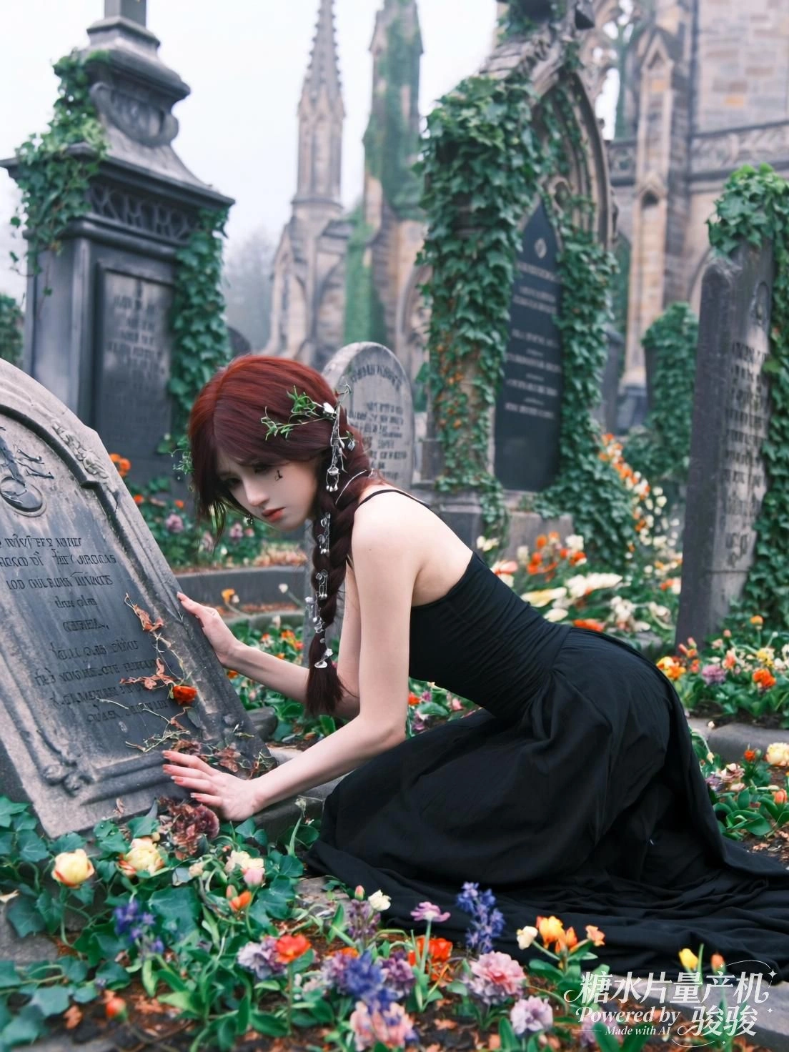 她抚琴于瀑前，水声如诉，一曲未终，天地已静