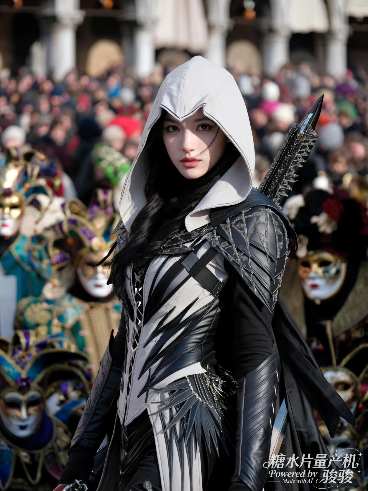 面具堆叠处，她目光如刃，穿行于喧嚣的寂静
