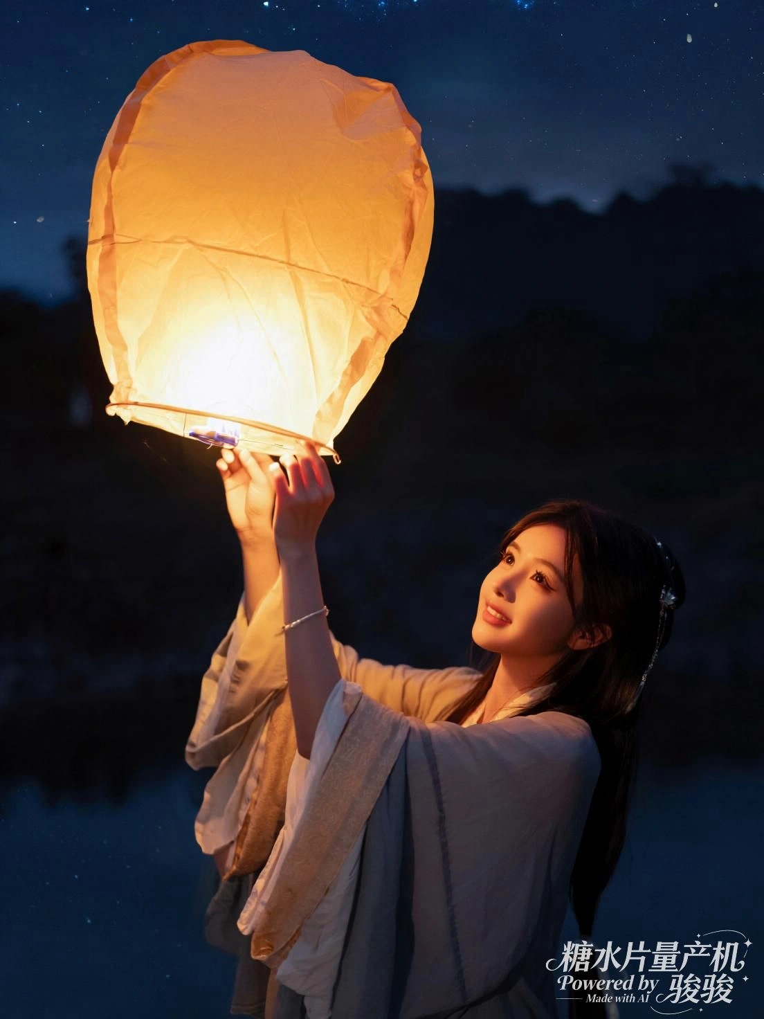 灯升向夜空，她凝望的不是光，是自己未出口的祈愿