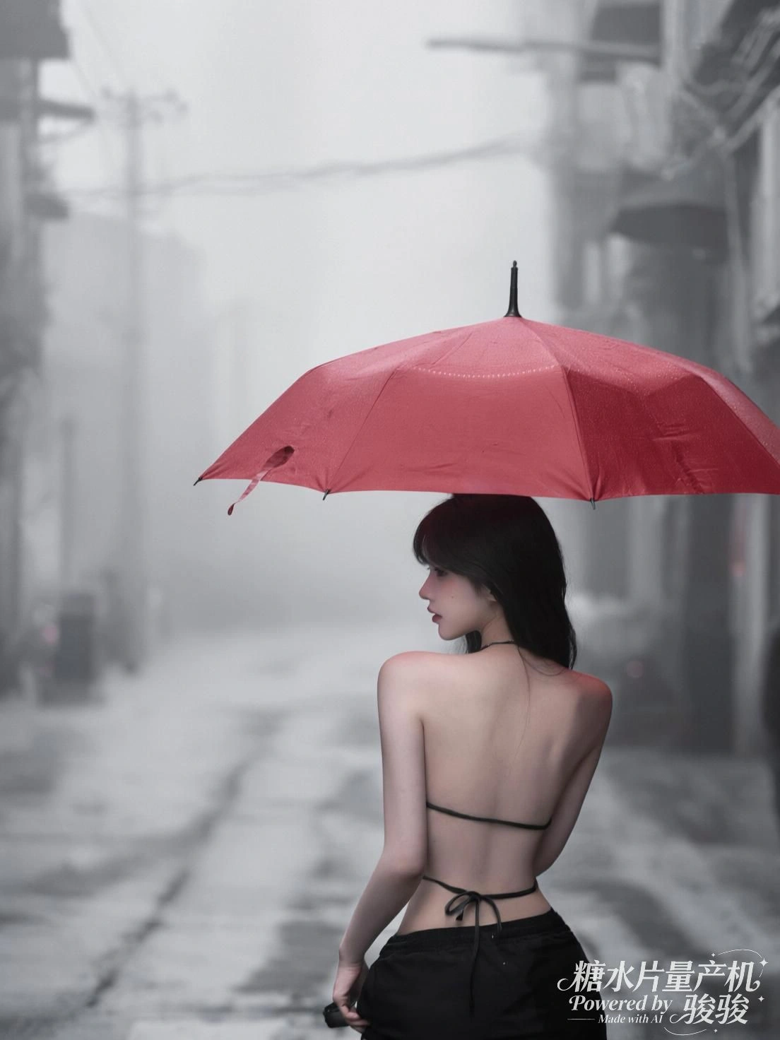 红伞遮住雨，却遮不住巷子尽头的孤影