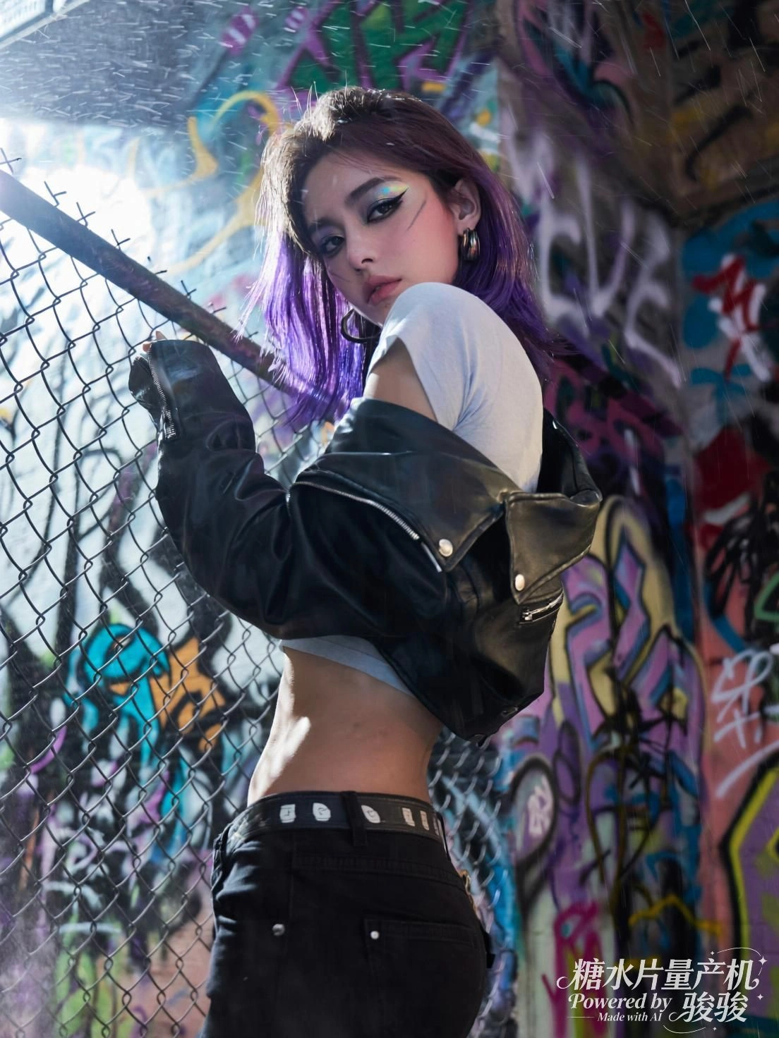 水柱喷涌，她转身一笑，冷光与湿意交织成刹那的自由