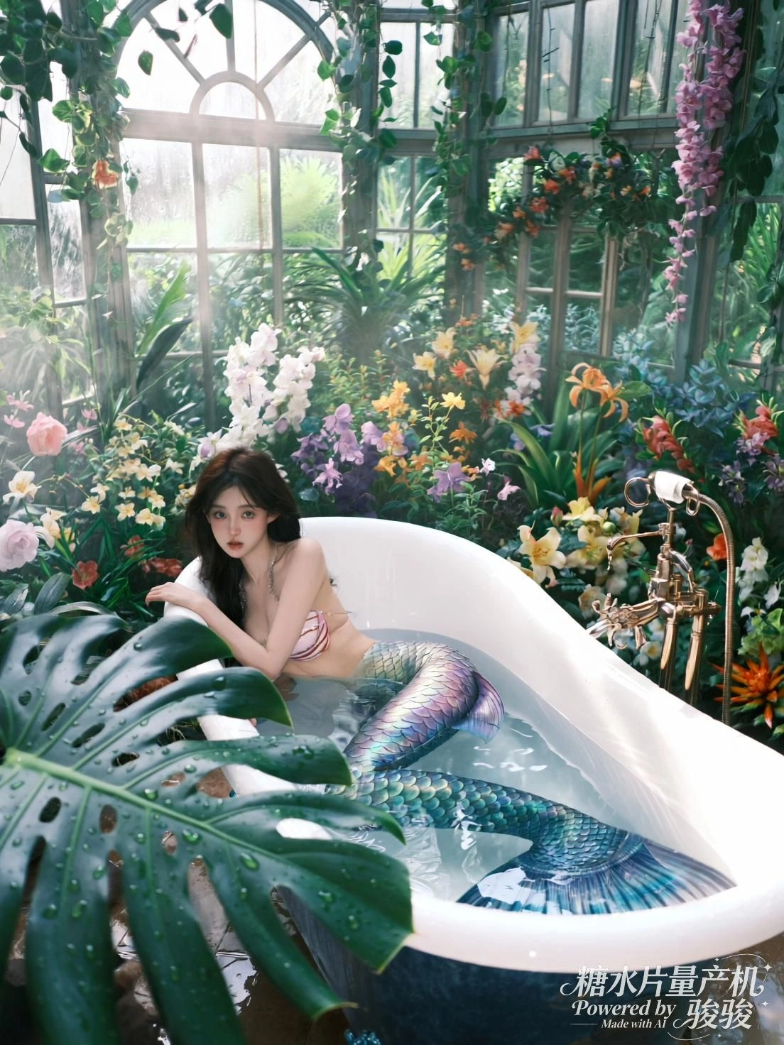 浴缸盛满花影，她半身浸入水中，鱼尾游向光的尽头