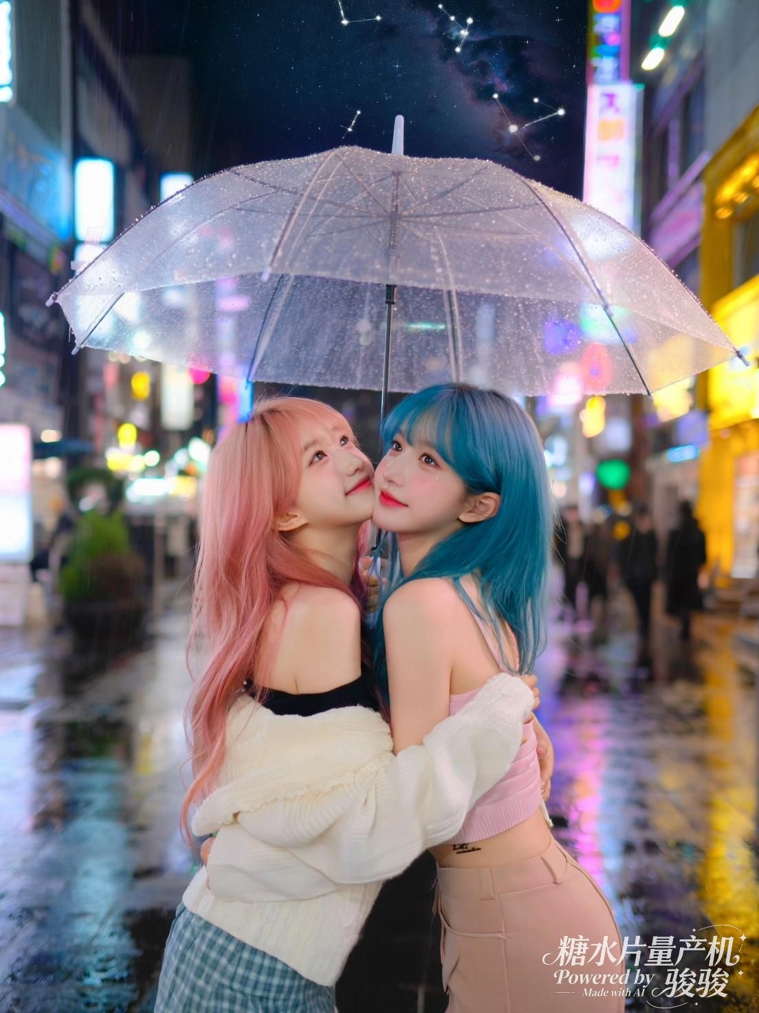 霓虹映在雨幕上，她微笑如光的碎片