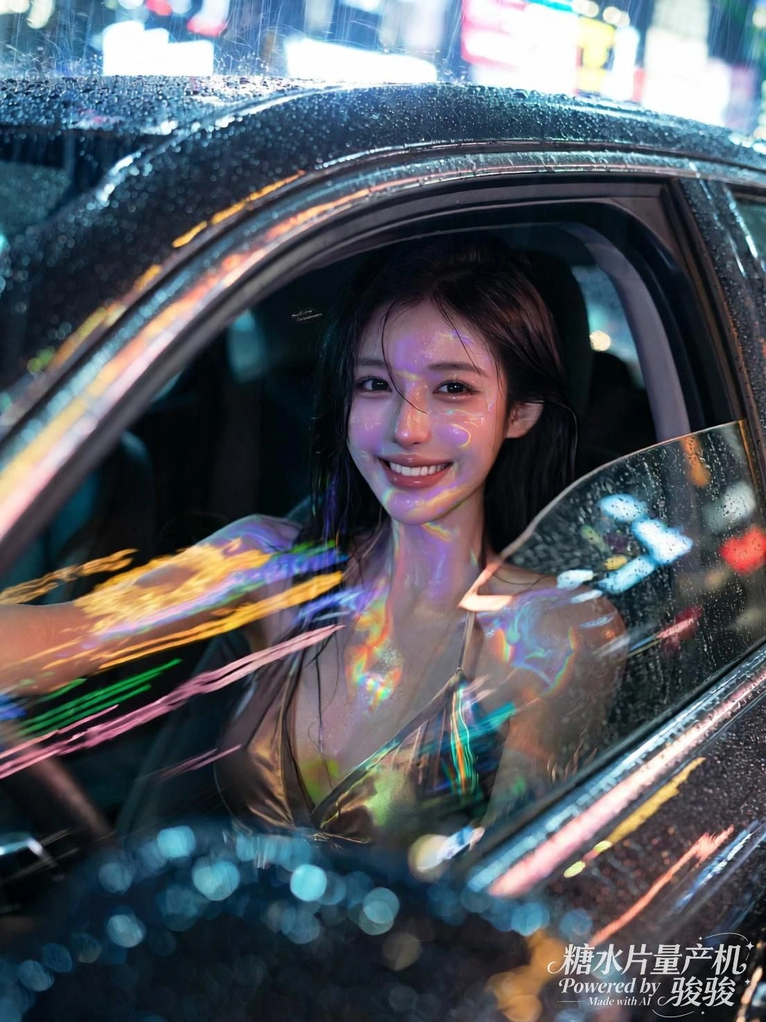 霓虹映在雨幕上，她微笑如光的碎片