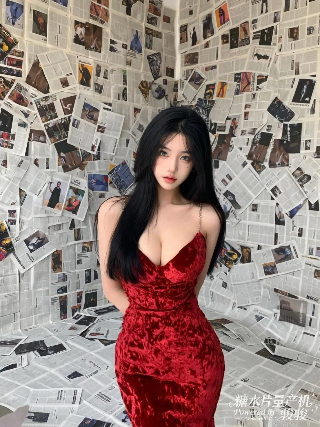 红裙立于纸海，她凝视着世界的喧嚣