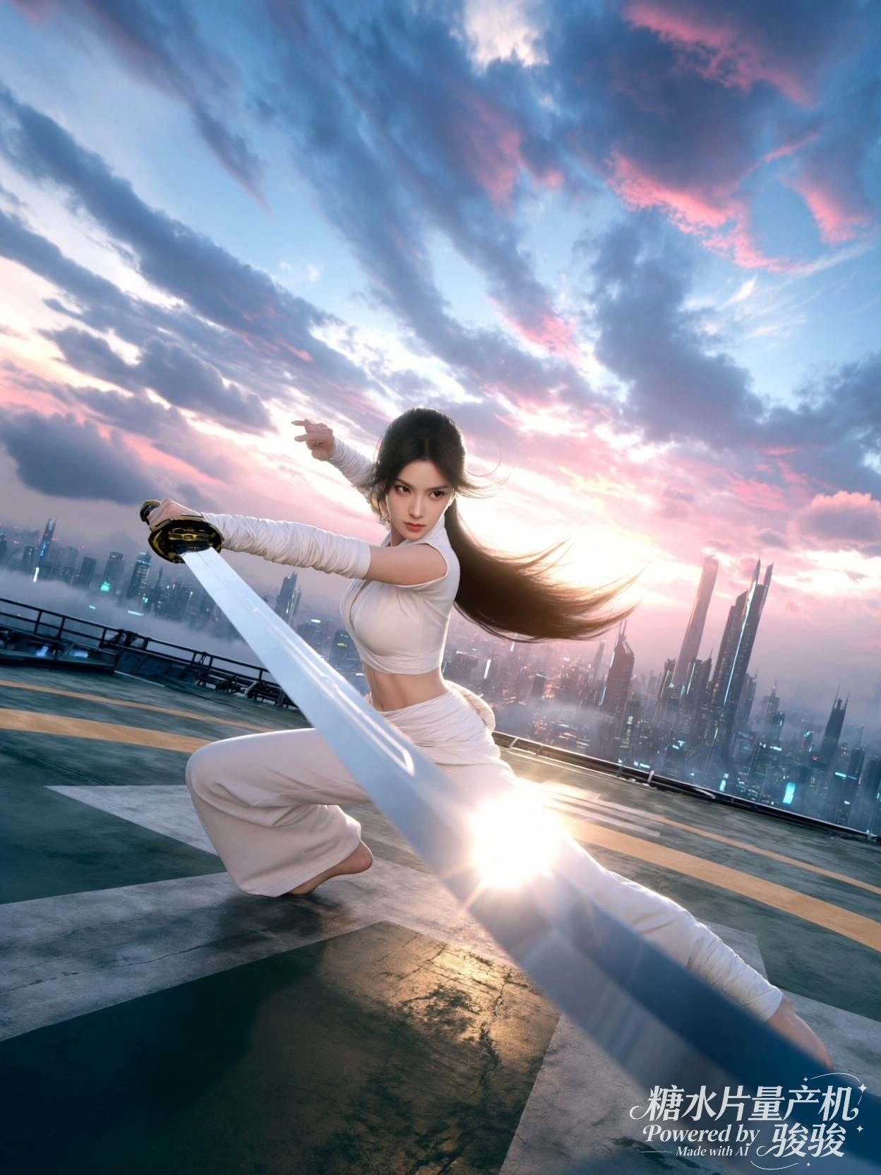 剑光划破暮色，她立于城市与天际的边界