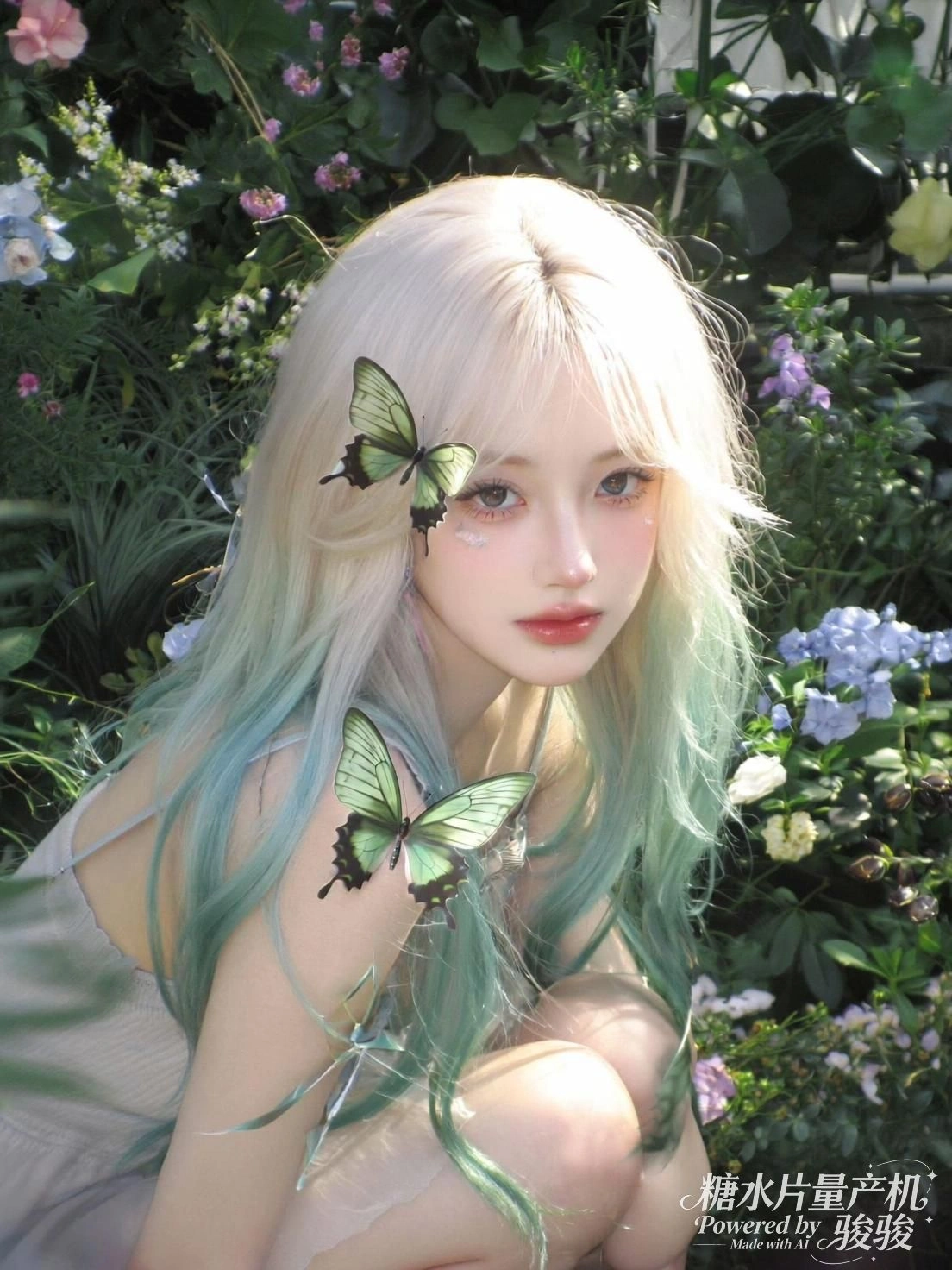 蝶栖发间，她静坐于自然的呼吸之中