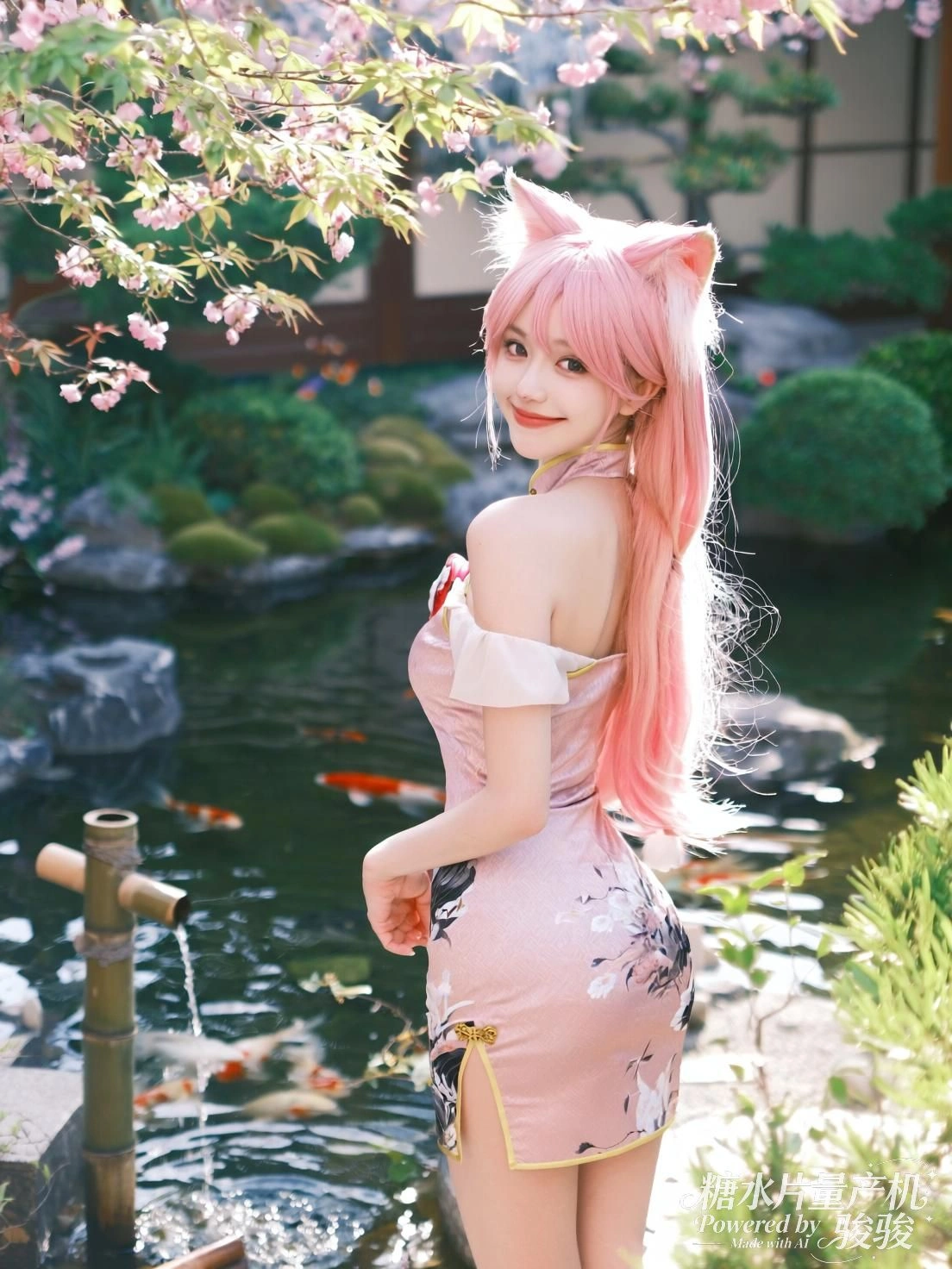 樱落池畔，她转身如风拂过春水