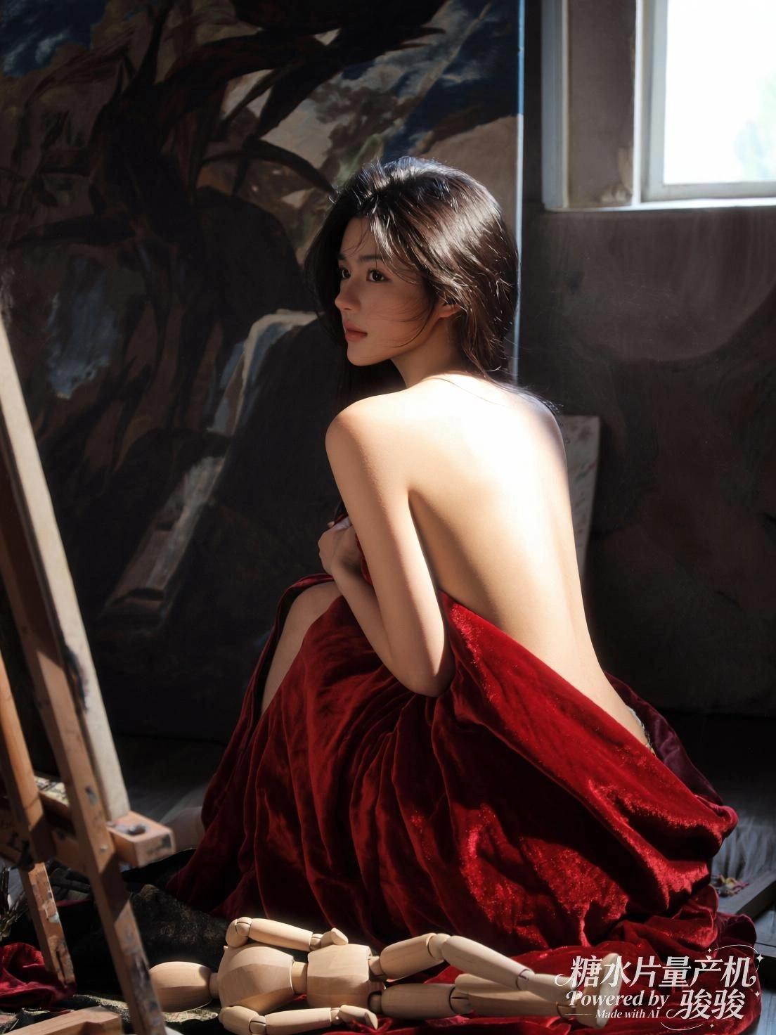 光影落肩，她静坐于未完成的画布之间