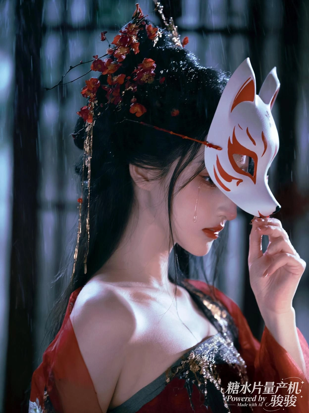 雨夜中，她轻触狐面，一滴泪滑落真实与幻影的边界