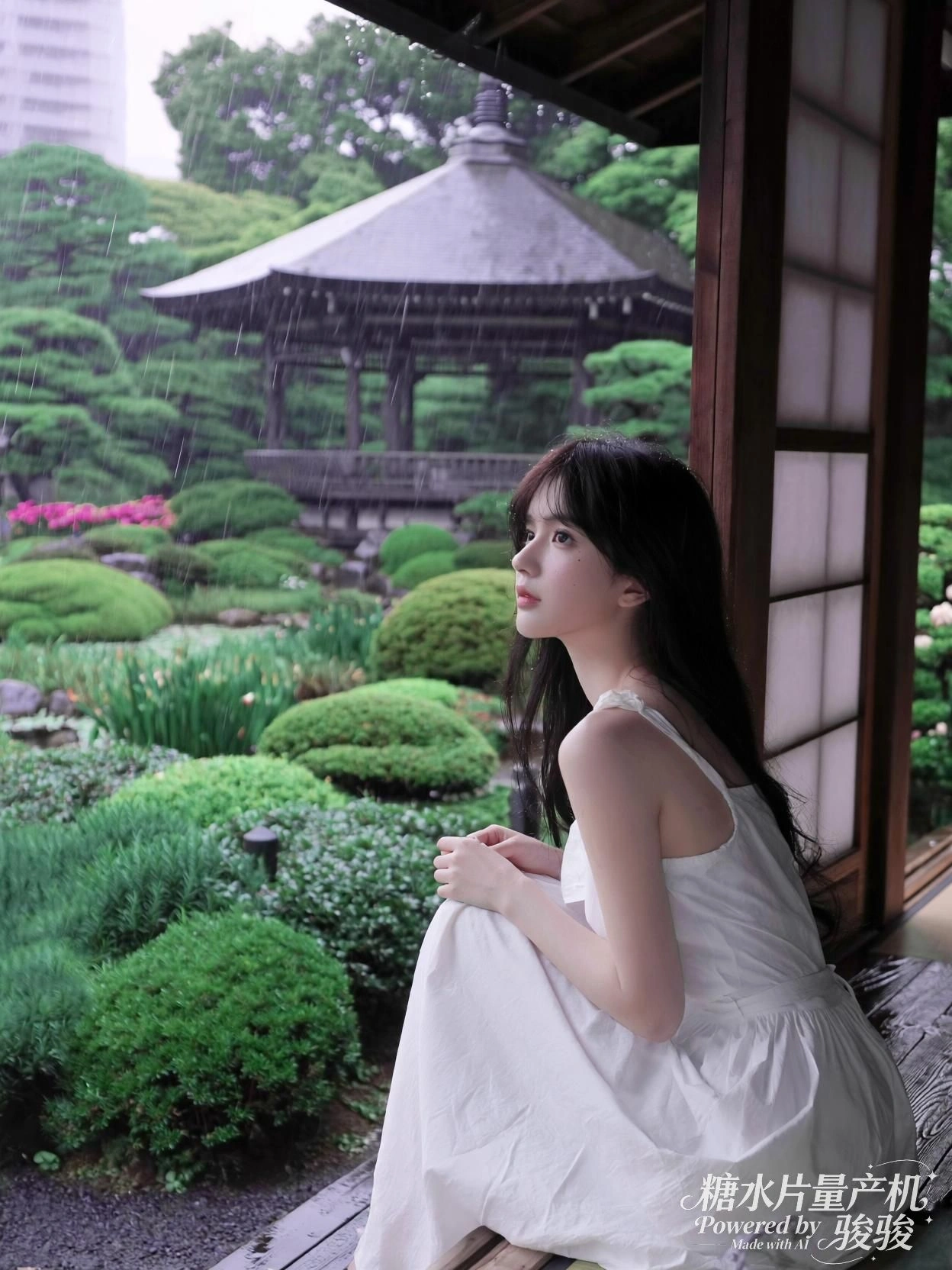 雨落庭园，她静坐檐下，凝望绿意与时光的低语