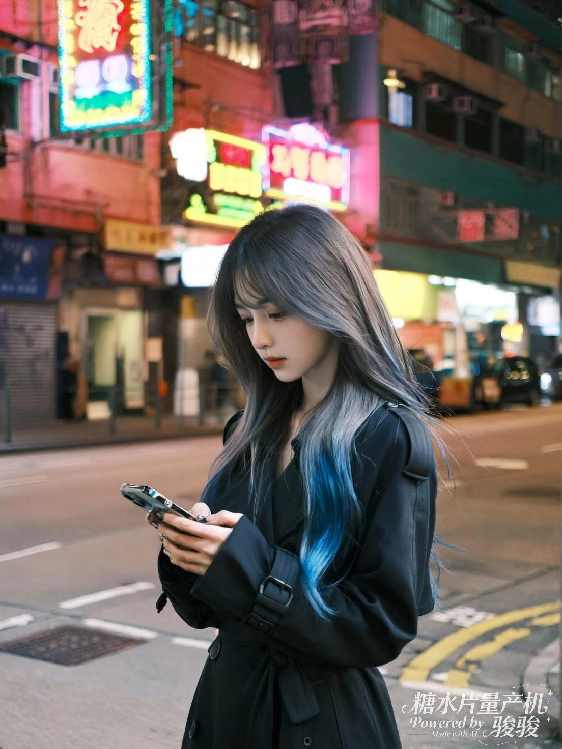 霓虹闪烁，她低头凝视手机，蓝发在喧嚣中静如孤岛