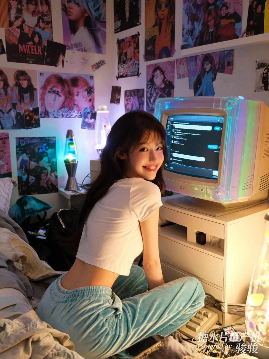 荧光闪烁，她倚坐屏幕前，笑容在代码与海报之间悄然绽放